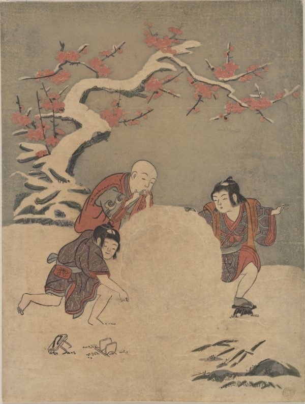 Suzuki Harunobu, Çocuklar devasa kartopu yapıyor, bir yandan da kar yiyorlar, 1770